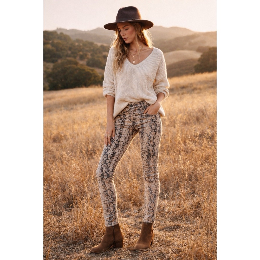Free People Snake Print Velvet Jeans Size 30 Stretch Skinny Boho